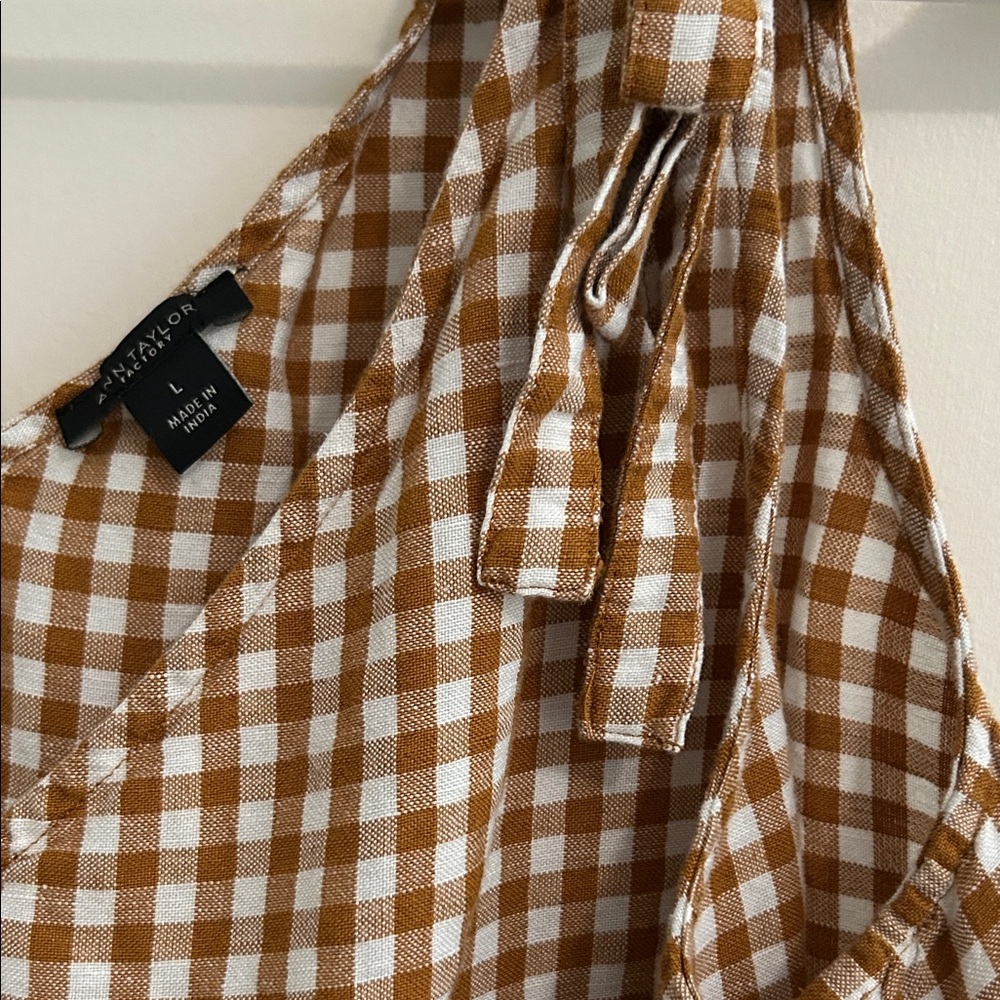 Ann Taylor Tan and White Gingham Blouse